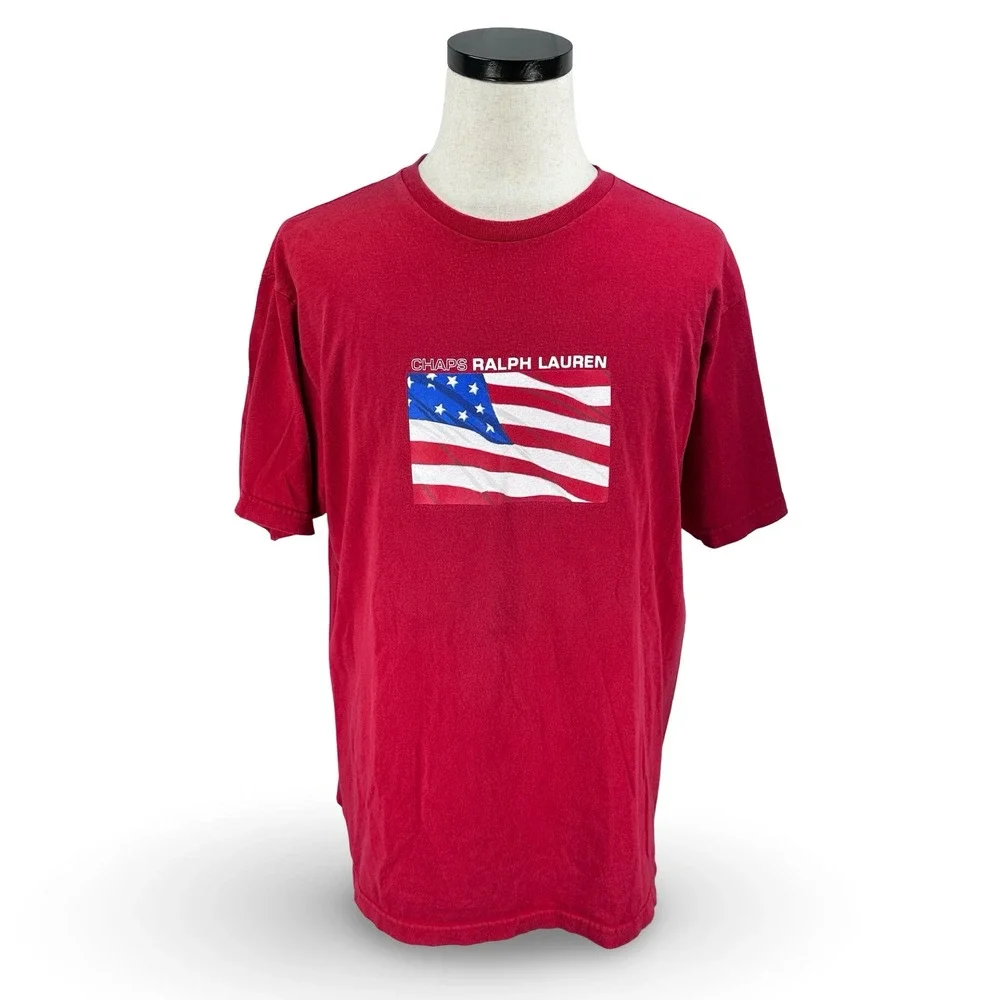 Vintage Y2K Chaps Ralph‎ Lauren Mens Red American USA Flag Graphic T-Shirt Large